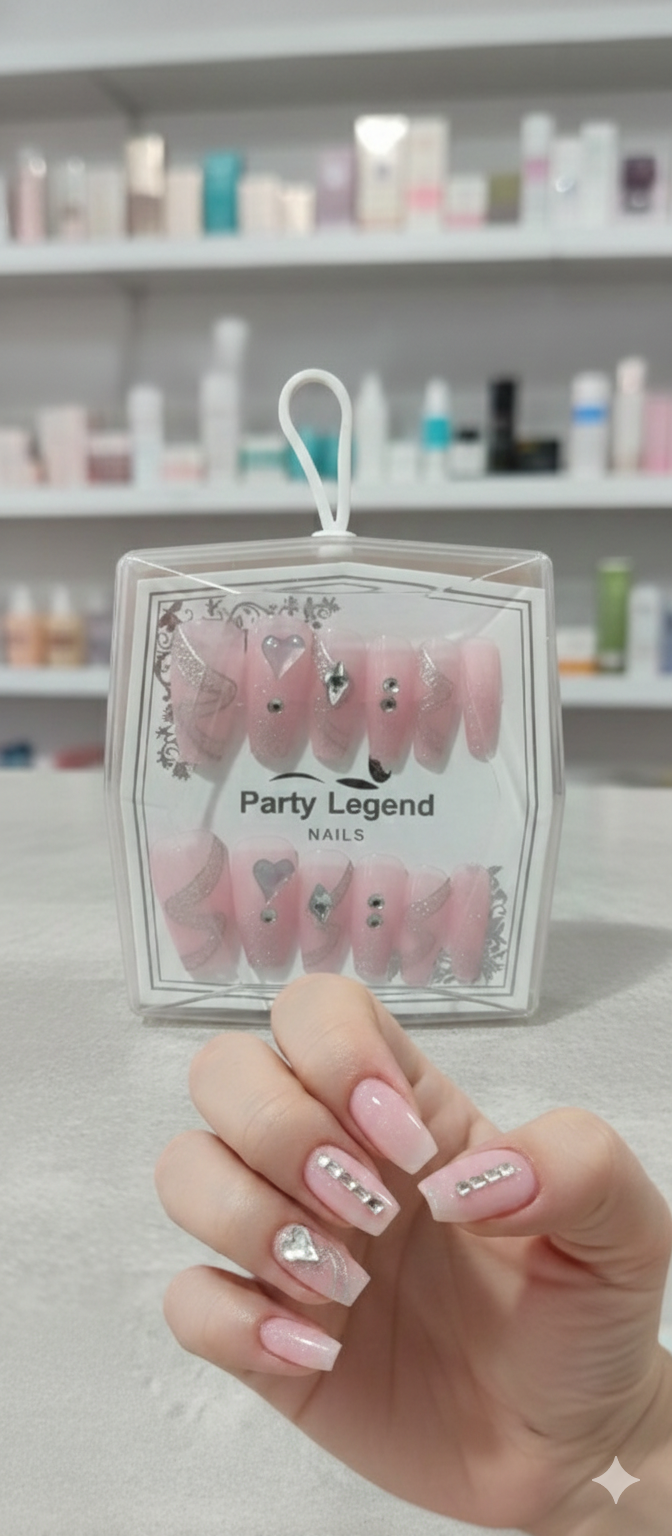 Party Legend Luxury Press-On Nail Kit - Elegant Pink & Silver Glitter Design