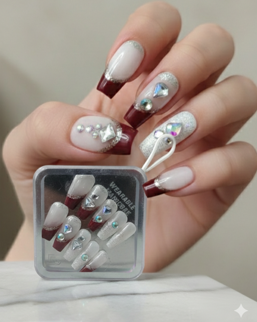 Premium Handcrafted French Tip Press-on Nails with Glitter & Stone Embellishments – Deep Maroon & Silver Edition