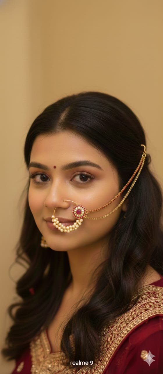 ঐতিহ্যবাহী ব্রাইডাল পার্ল ও রেড স্টোন নাথ চেইন সহ | Traditional Bridal Pearl & Red Stone Nath with Chain