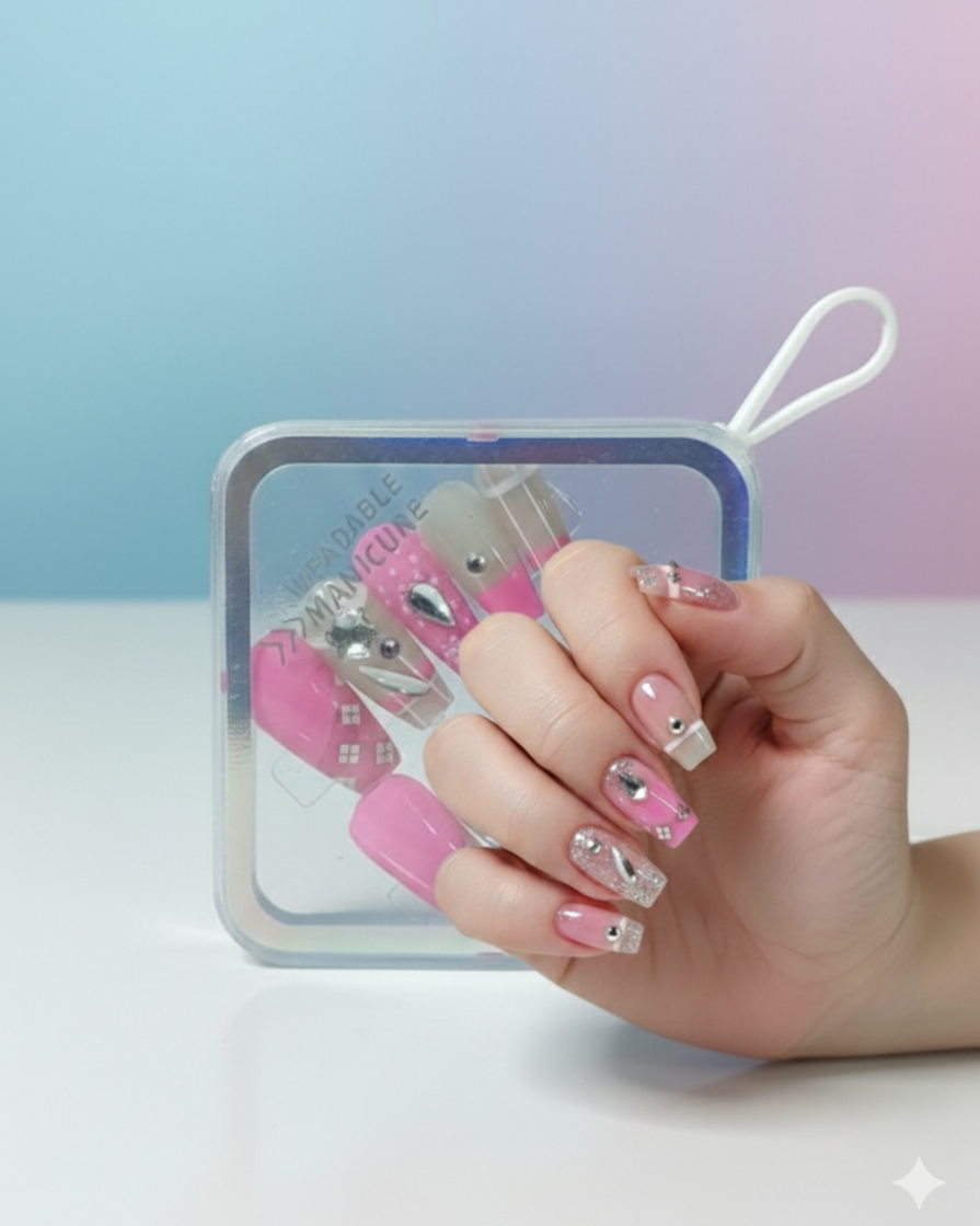 Premium Handcrafted Pink & Nude Press-On Nail Set with Stone Accents