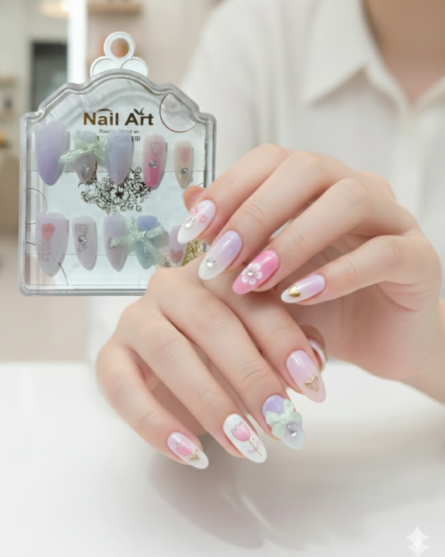 প্রিমিয়াম হ্যান্ডমেড ৩ডি প্রেস-অন নেল সেট - প্যাস্টেল ফ্লোরাল ও বো ডিজাইন (১০ পিস)