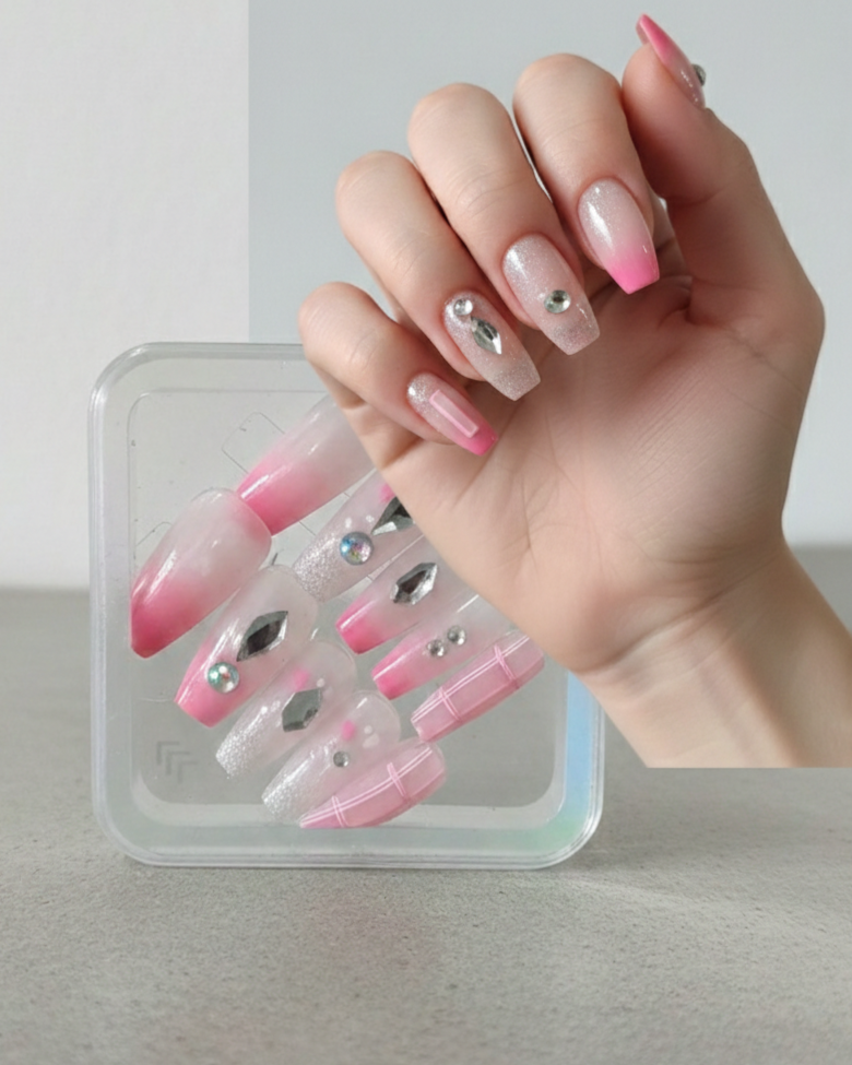 লাক্সারি হ্যান্ডমেইড ওমব্রে পিঙ্ক নেল আর্ট কিট - রিইউজেবল